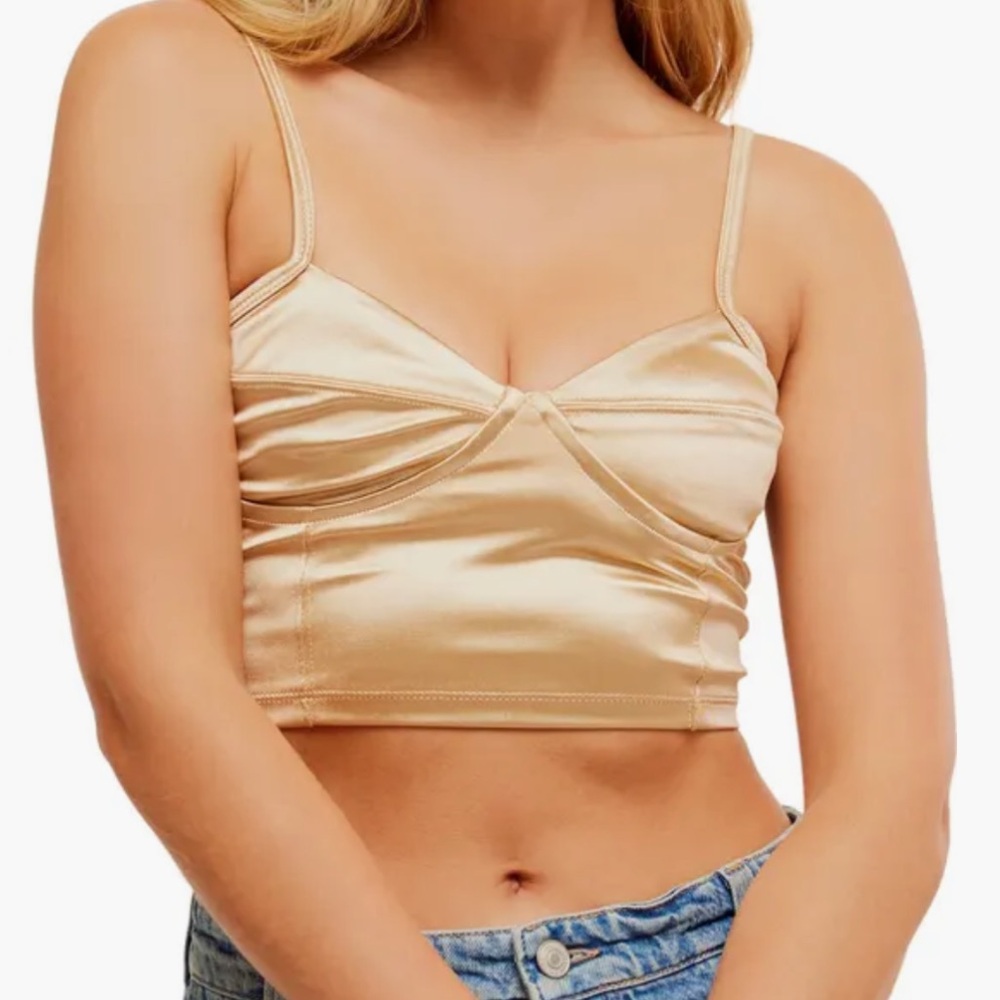 Free People Shimmering Gold Beige Satin Bra Crop Top